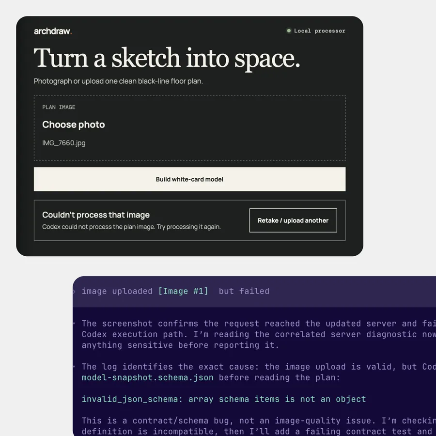 The app on the morning saying it couldn’t process that image, with no reason why, and below it the terminal where Codex reads the new log and names the cause, an invalid JSON schema rejected before the plan was read.