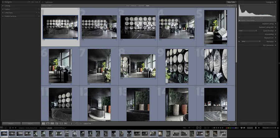 The finished shoot of the Aboda showroom, designed by DnD Studio, in Lightroom Classic, the grid of ten frames among the library panels and the filmstrip of all 29. The reception desk under its wall of stone discs, the window gallery with its marble cubes and fig, the bath, and close ups of the discs.