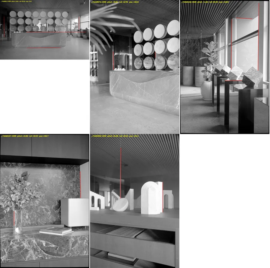 Five Aboda showroom photos with the plugin’s guides drawn in red, each labelled with the pitch, roll and yaw it measured.