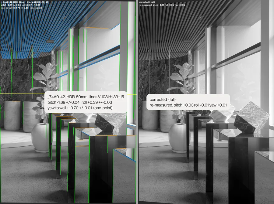 The Aboda showroom’s window gallery, its fig and marble cubes, with the straight lines the plugin found drawn over it in colour, beside the same photo corrected. Each photo’s notation is copied into its middle. Before, pitch -1.69, roll +0.39 and yaw to the wall +10.70, each to within 0.04 of a degree. After a full correction, re-measured at pitch +0.03, roll -0.01 and yaw +0.01.