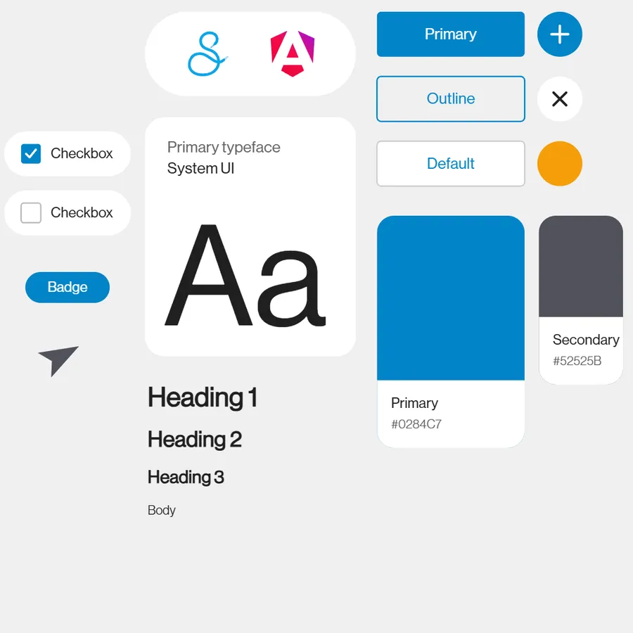 The old component library in Shoelace’s sky blue, under the Shoelace and Angular marks, with buttons, checkboxes, a badge, a typeface card and two colour cards.