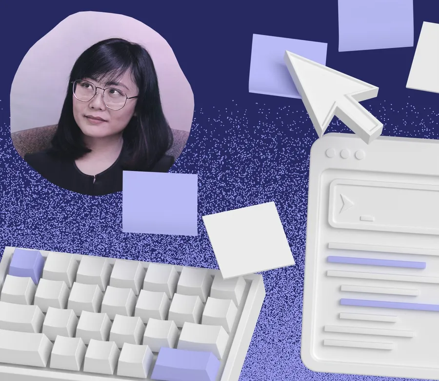 Yunwei Xu, in glasses and a dark top, among white clay models of a mechanical keyboard, a terminal window, a cursor and sticky notes, on a deep indigo ground.