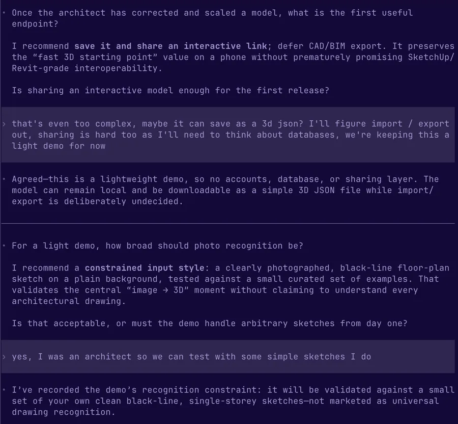 Codex in the terminal during the grilling, recommending save and share, and the reply that it is too complex and the demo stays light.