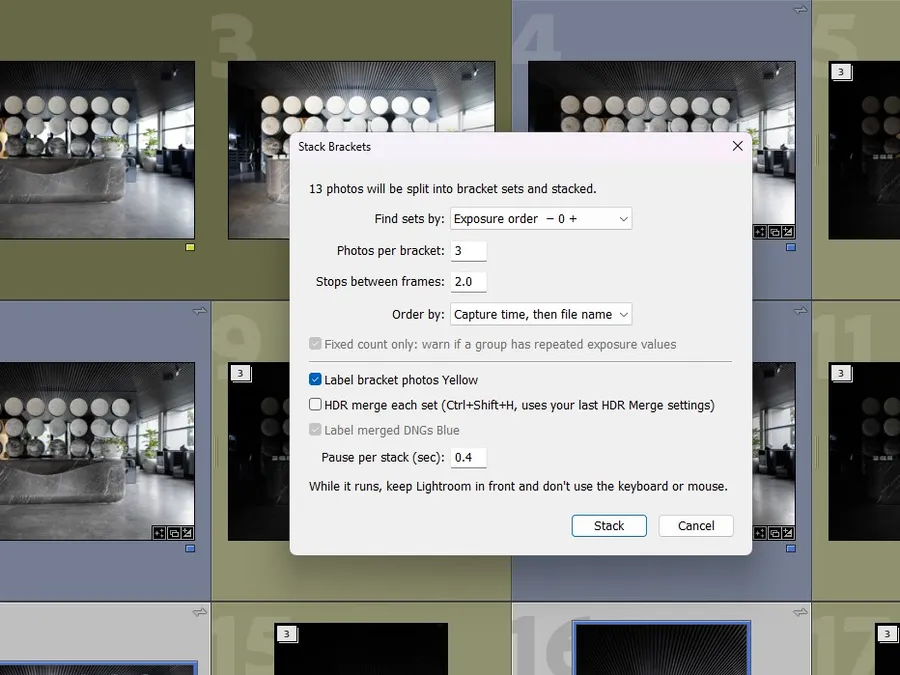 The Stack Brackets dialog over a Lightroom grid of the reception desk, brackets labelled yellow and merged HDRs blue. It finds sets by exposure order, three photos two stops apart.