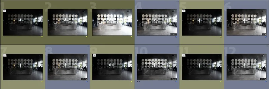 A Lightroom grid of the Aboda showroom reception desk, shot again and again. The first set of three brackets is expanded and labelled yellow. After it, each collapsed stack of brackets sits beside its merged HDR, labelled blue.