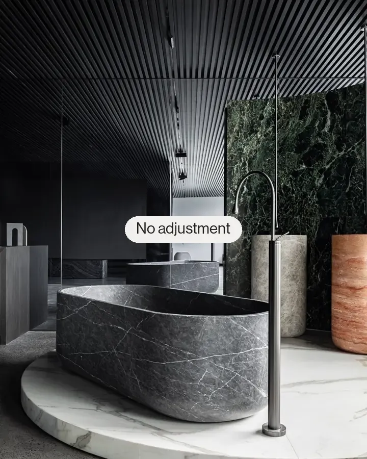 A bath in the Aboda showroom three ways in Lightroom, fading from one to the next. With no adjustment the glass and the tap lean. Full Upright straightens them. Guided Upright shows the four guides drawn by hand, on the glass, the tap, the ceiling and the plinth.