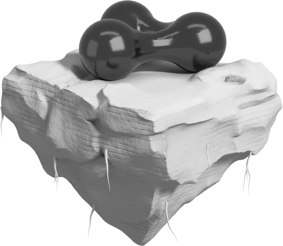 A floating island of worn white stone carrying a smooth marble form lying on its top, three spheres fused round an open centre.