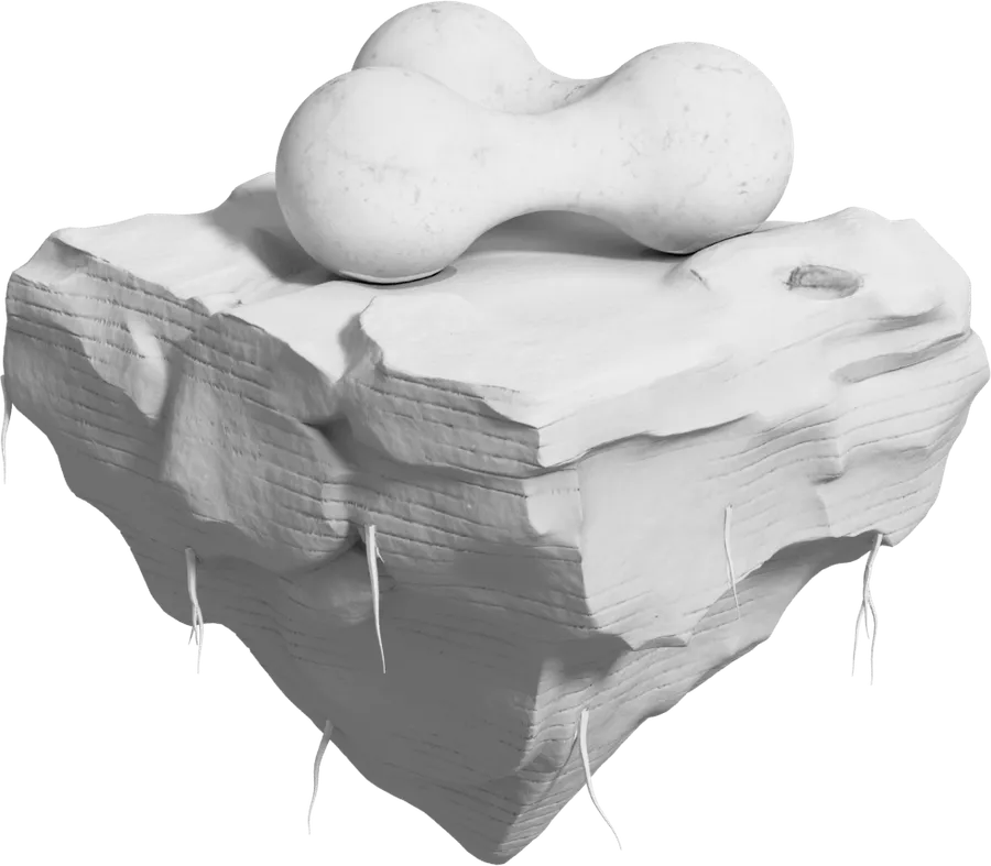A floating island of worn white stone carrying a smooth marble form lying on its top, three spheres fused round an open centre.
